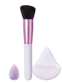 Set de 3 piezas de herramientas de maquillaje, brocha para rubor en polvo con esponja de maquillaje y borla de polvo, mango de madera, kit multifuncional para maquillaje diario - Blanco - Ver 9
