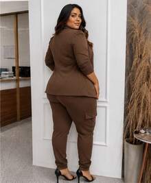 Women's Plus Size Pants And Blazer Set, Long Suit, Formal, Casual, Elegant, Large Size - Rust Brown - View 2