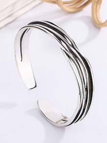 1 Peça Bracelete Aberto Vintage Clássico de Estilo Geométrico Desgastado, Multicamadas, Linha Minimalista, Acessório de Pulso, Decoração Versátil e Elegante para Homens, Presente Diário para Amigos - Prata - Visão 3