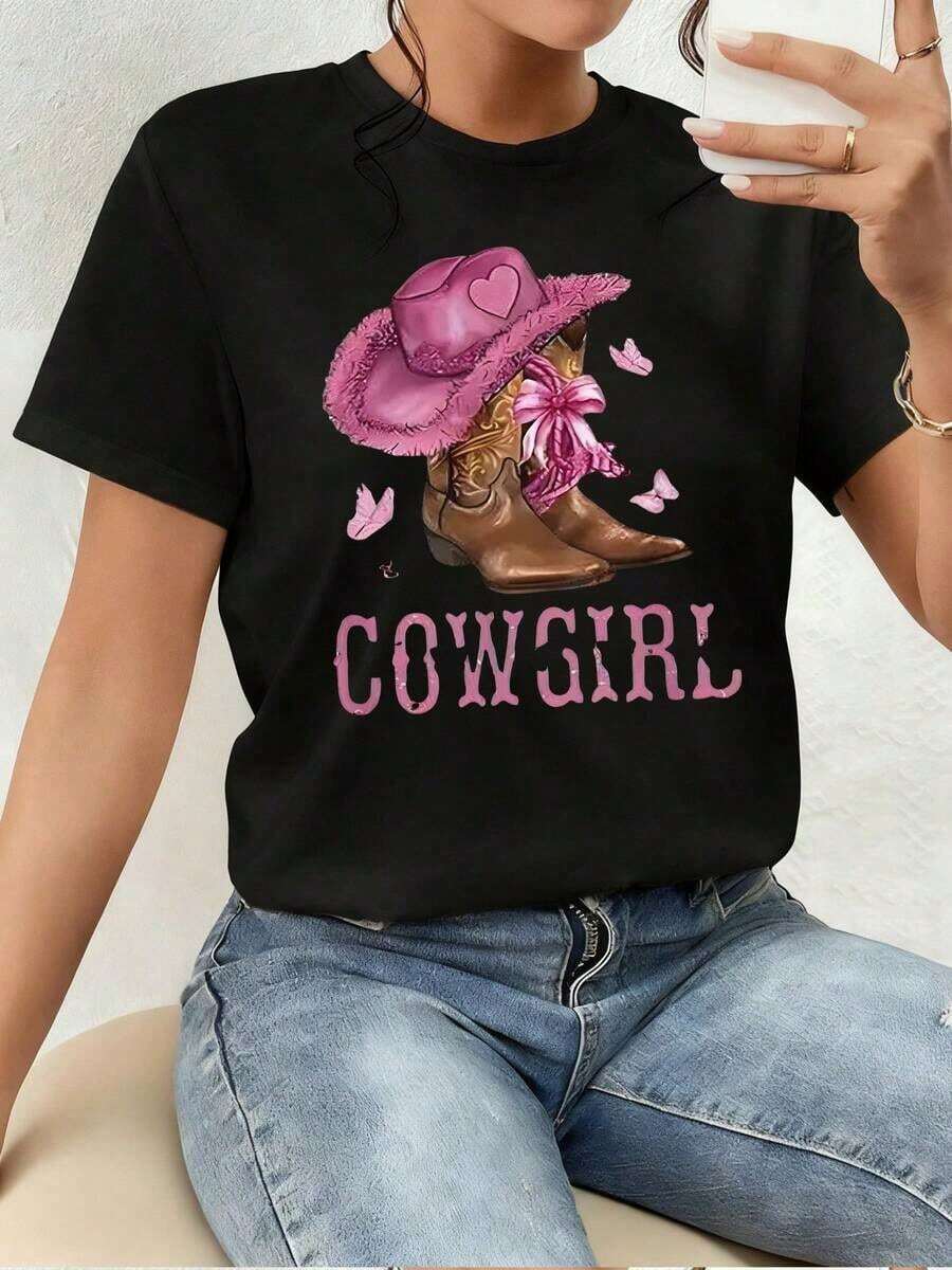 Women's T-Shirt With A Pink Denim Print. Original And Fun Design, Ideal For A Casual And Modern Look. Soft To The Touch, Comfortable, And Perfect For Everyday Wear. Express Yourself In Style! Elegant Blouses For Young Women. - 黑色 - 查看 1