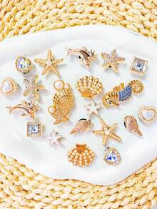 20件金色海洋系列鞋飾（海星、海豚、貝殼、海螺、海馬、愛心），適用春夏秋冬鞋款、涼鞋、拖鞋、沙灘鞋、園藝鞋DIY裝飾，生日派對與節日禮物，美學風格 - 金色20pcs - 查看 4