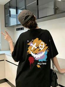 日系女式宽松花卉灰色休闲百搭卡通涂鸦笑脸印花短袖T恤，春夏黑色 - 黑色 - 查看 2
