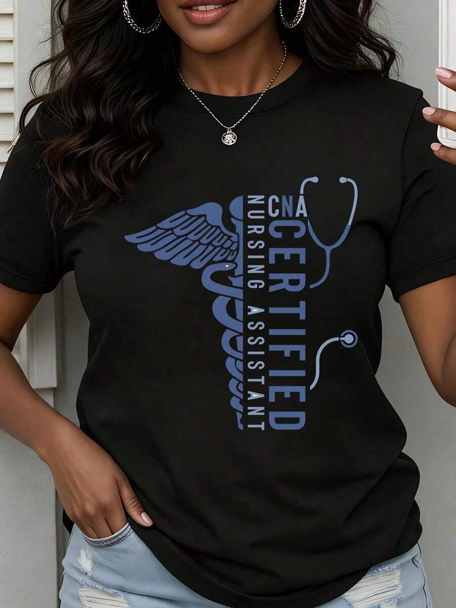Great ! Women's Crew Neck T-Shirt, Certified By The Nurses Association, With Stethoscope And Caduceus Print, Short Sleeve, For Healthcare Professionals And Medical Workers - 黑色 - 查看 1
