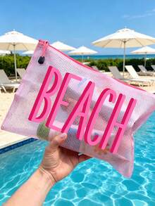 多色防水時尚網格海灘包，印有「Beach」圖案，大容量透明化妝包，海灘主題，防曬收納，適合春夏季，適用於游泳、海灘、潛水和夏季度假，學生返校，送給朋友、家人、閨蜜、同學的禮物。生日、節日、派對、婚禮（伴娘）、教師節的完美禮物和紀念品。郵輪必備，畢業、夏季度假、返校、開學禮物 - 彩色 - 查看 4