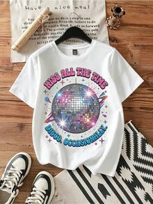 Disco Occasionally Retro Sparkle Tee.Vintage Graphic Print Casual Cotton Short Sleeve T-Shirt - White - View 1