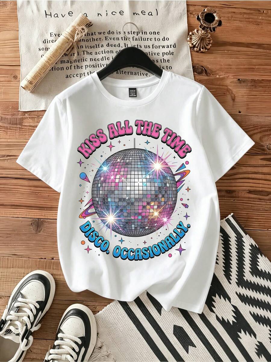 Disco Occasionally Retro Sparkle Tee.Vintage Graphic Print Casual Cotton Short Sleeve T-Shirt - White - View 1