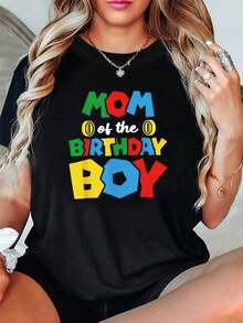 Women's Printed T-Shirt With The Phrase "Birthday Boy's Mom", Round Neck, Short Sleeve, For Spring And Summer, Suitable For Casual Outings, Christmas Gifts, Gatherings With Friends And Holiday Wear. - 黑色 - 查看 7