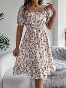Women's Casual Vacation Elastic Drawstring Short Sleeve Ditsy Floral Dress, Spring/Summer Elegant - White - View 6