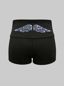 Dear Molly Y2K American Retro Gothic High-Waist Cuffed Shorts, Sparkling Rhinestone Wing Pattern, Bling Casual Bottoms For Daily, Street & Party Wear - Black - View 3
