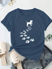 Camiseta Casual de Manga Corta para Mujer con Estampado de Silueta de Perro y Huella - Cuello Redondo en Rosa Suave, Ropa de Verano para Amantes de Mascotas, Lavable a Máquina, Ajuste Relajado, Tejido Transpirable - Negro - Ver 11