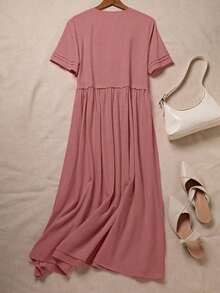 Vestido camisero de algodón y lino de unicolor y manga corta para mujer - verde menta - Ver 10