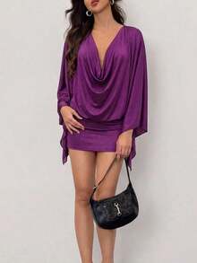 Vestido mini ajustado de unicolor, escote en V, ajuste holgado, cintura alta, para el verano - Morado - Ver 10