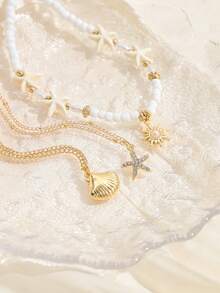 3pcs Bohemian Style 3-Layer Necklace, Ocean Elements Metal Shell & Starfish Pendant, Beaded Strand Choker Necklace For Women - Gold - View 3