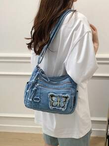 Casual Chic Soft Jeans Multi-Layer Crossbody Bag With Multiple Pockets, Versatile Commuter Large Capacity Women's Shoulder Bag, Great For Commuting - Blue - View 6
