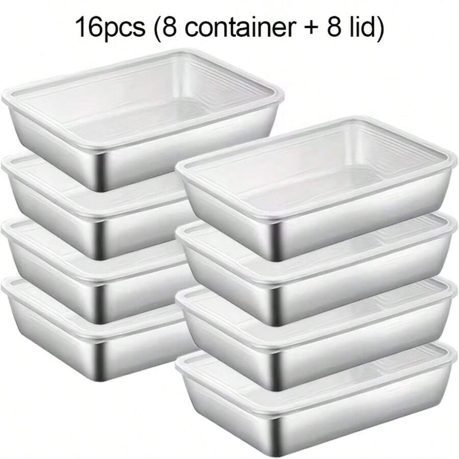 Set Of 16 Stainless Steel Containers For Outdoor Food Storage, Including 8 Plates And 8 Lids. These Kitchenware Items Are Designed For Outdoor Use, Featuring A Leak-Proof And Stackable Flip-Top Design, With Ample Space For Vegetables, Fruits, Meats