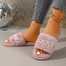 New Elegant Fashion Women's Rhinestone Decor Fluffy Slippers, Comfortable Warm Indoor/Outdoor Plush Slide Slippers For Women, Flat Design Anti-Slip Lightweight Easy-To-Wear Furry Slippers - Pink - View 3