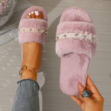 New Elegant Fashion Women's Rhinestone Decor Fluffy Slippers, Comfortable Warm Indoor/Outdoor Plush Slide Slippers For Women, Flat Design Anti-Slip Lightweight Easy-To-Wear Furry Slippers - Pink - View 10