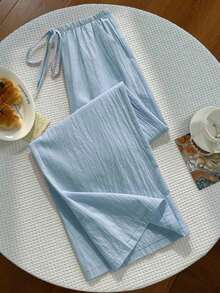 Pantalones sólidos de mujer con nudo, pantalones casuales sueltos, pantalones a rayas, pantalones de vacaciones, pantalones anchos de verano para mujer, pantalones anchos de mujer, pantalones de verano de mujer, pantalones de mujer - Azul - Ver 3