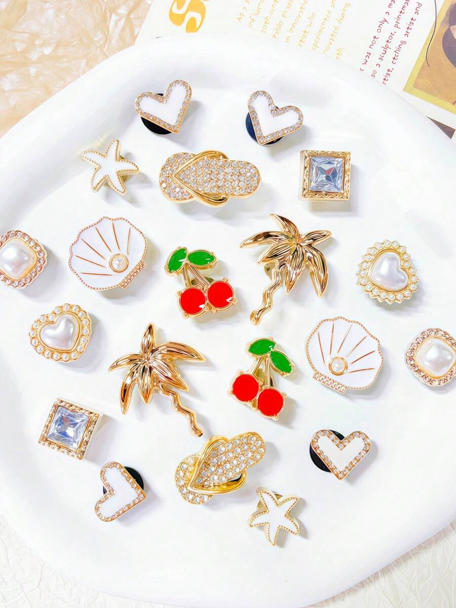 20pcs Gold Shoe Accessories (Cherry, Shell, Pearl Heart, Flip-Flop, Starfish) Suitable For Women Shoes, Sandals, Slippers, Beach Shoes, Garden Shoes DIY Decoration, Great Birthday, Holiday, Party Gift, Aesthetic - Gold - View 1