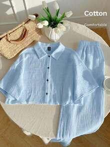 Conjunto de camisa y pantalones a rayas de estilo casual y vacacional para mujer - Azul 2 - Ver 4