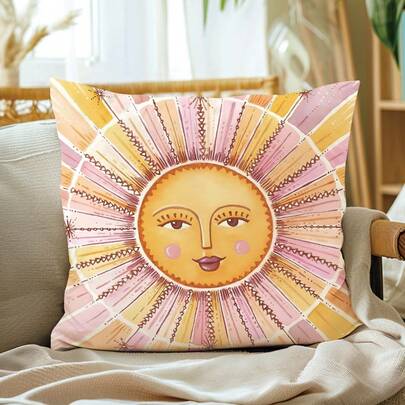 1pc Retro Sun Illustration Cushion Cover, Single-Sided Printed Peach Velvet Polyester Material, 45*45CM/18*18inch Pillow Case Suitable For Room Decor, Modern Minimalist Sofa Living Room Decor, Gift, Party Decoration