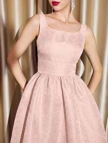 Vestido mini de línea A con cuello barco, textura jacquard, sin mangas, cintura definida y bolsillos. Vestido vintage elegante para mujer, perfecto para fiestas, navidad, acción de gracias, invierno, fiesta de bienvenida, otoño, vestido de princesa, traje de navidad, vestido azul real, vestido formal negro para mujer. - Rosa Pálido - Ver 2