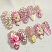 10片中长款粉色3D美人鱼贝壳美甲贴纸，饰有3D花朵珍珠水晶，可重复使用，闪亮渐变花仙子美甲，适合女性和女孩日常、海滩、派对、音乐节等场合。 - 彩色 - 查看 6