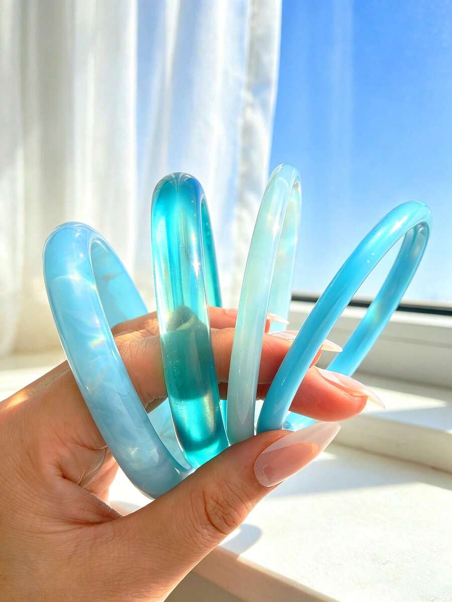 4件套 时尚简约优雅复古几何彩色树脂扎染手镯套装,适合节日、派对、约会、送礼、日常佩戴,独具特色 - 彩色 - 查看 1