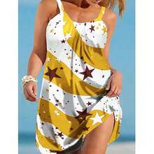 Plus Size Women Independence Day Flag Print Sleeveless Dress, Summer Elegant Party - Yellow - View 1