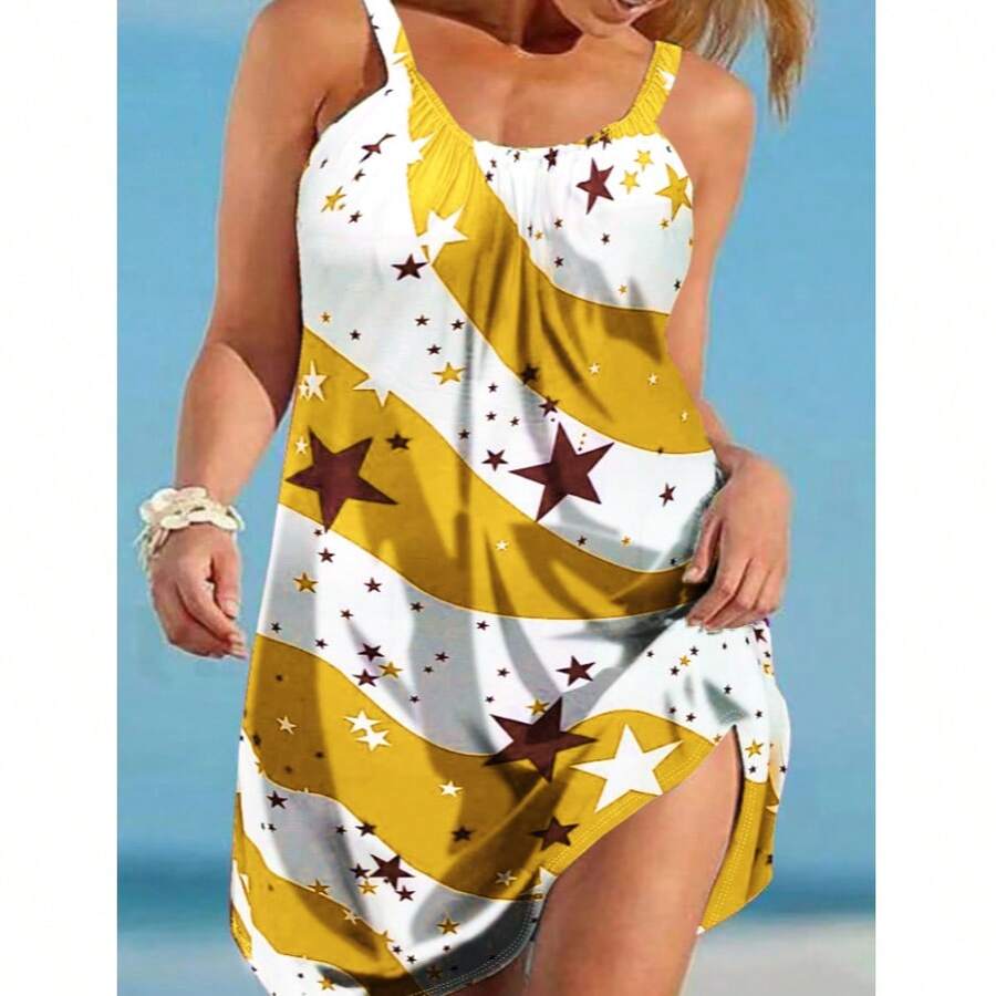 Plus Size Women Independence Day Flag Print Sleeveless Dress, Summer Elegant Party - Yellow - View 1