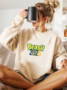 Women's Casual Crew Neck Sweatshirt With Brazil 2026 Football Print, Versatile Long-Sleeved Crew Neck Top, Machine Washable, Suitable For All Seasons, Women's Clothing, Cheapest, World Cup And Elections - Màu be - Xem 4