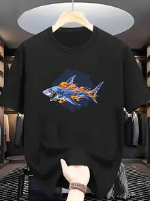 Men's Pure Cotton T-Shirt, 100% Cotton, With A Modern Flaming Shark Design, Round Neck, Short Sleeve, Comfortable And Casual For Summer. - Black - View 6