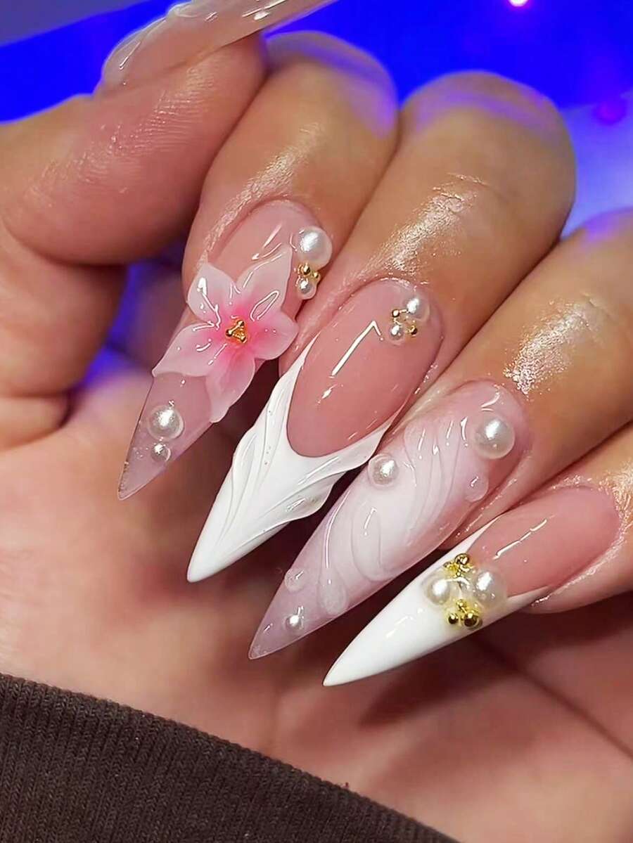 Bộ 24 móng giả màu hồng nhạt, thiết kế 3D, nhọn, kiểu ngọc trai sang trọng, bao gồm gel dẻo và dụng cụ đánh bóng, thích hợp cho hẹn hò/đám cưới/tiệc tùng, móng giả cao cấp thanh lịch. - Hồng - Xem 1
