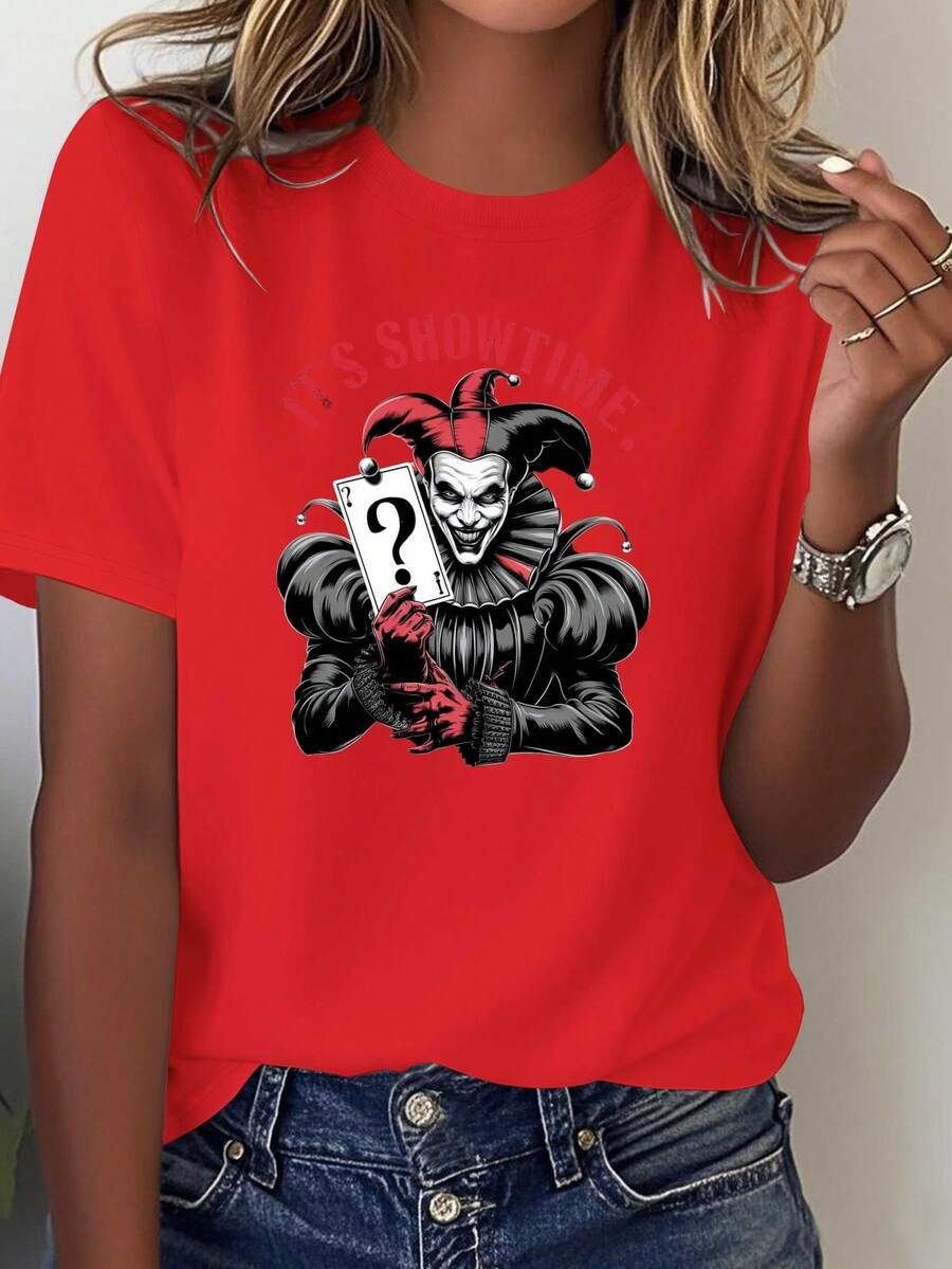Women's T-Shirt "Evil Clown Performance Moment" - Gothic Queen Of Hearts Design In Red And Black, Casual Round Neck T-Shirt, Perfect For Clown-Themed Outfits, Suitable For Theme Parties And Everyday Wear. - 紅色 - 查看 1