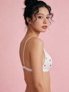 1pc Women's Cute Printed Lace Patchwork Wireless Unpadded Comfortable Triangle Cup Bra - White - View 6