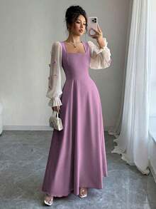 Vestido de mujer con parches tejidos, decoración de lazo y cintura ceñida - Morado - Ver 12