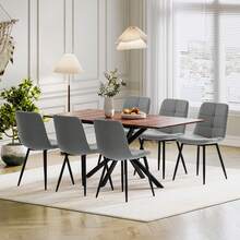 Wooden Dining Table + Gray Linen Dining Chairs