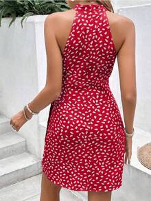 CZJ Women's Summer Dress 2026, New, Halter Neck, Zipper Closure, Sleeveless, Floral Print And Pleated - 紅色 - 查看 5