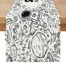 1 peça Caminho de mesa com tema de aventura espacial, pintado à mão com grafite fofo, toalha de mesa com estampa de foguete e astronauta em preto e branco para decoração de festa em quarto infantil - Preto e Branco - Ver 6