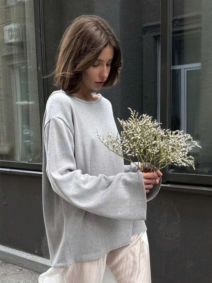 Loose-Fitting Knit Sweater With Open Back, New Autumn-Winter 2026 Model For Women, European Style - 灰色 - 查看 1