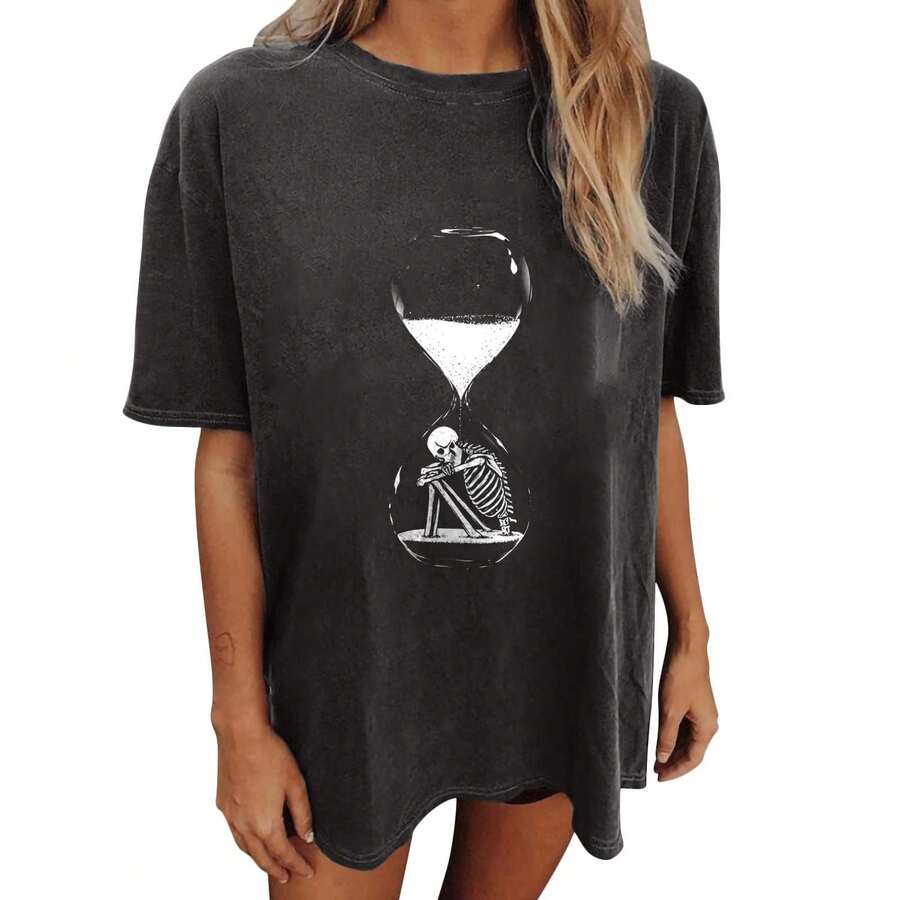 Summer Y2k Tops For Womens, Casual Vintage Short Sleeve T-Shirt, Girls Oversize Loose Round Neck Elastic Tee - Dark Gray3 - View 1