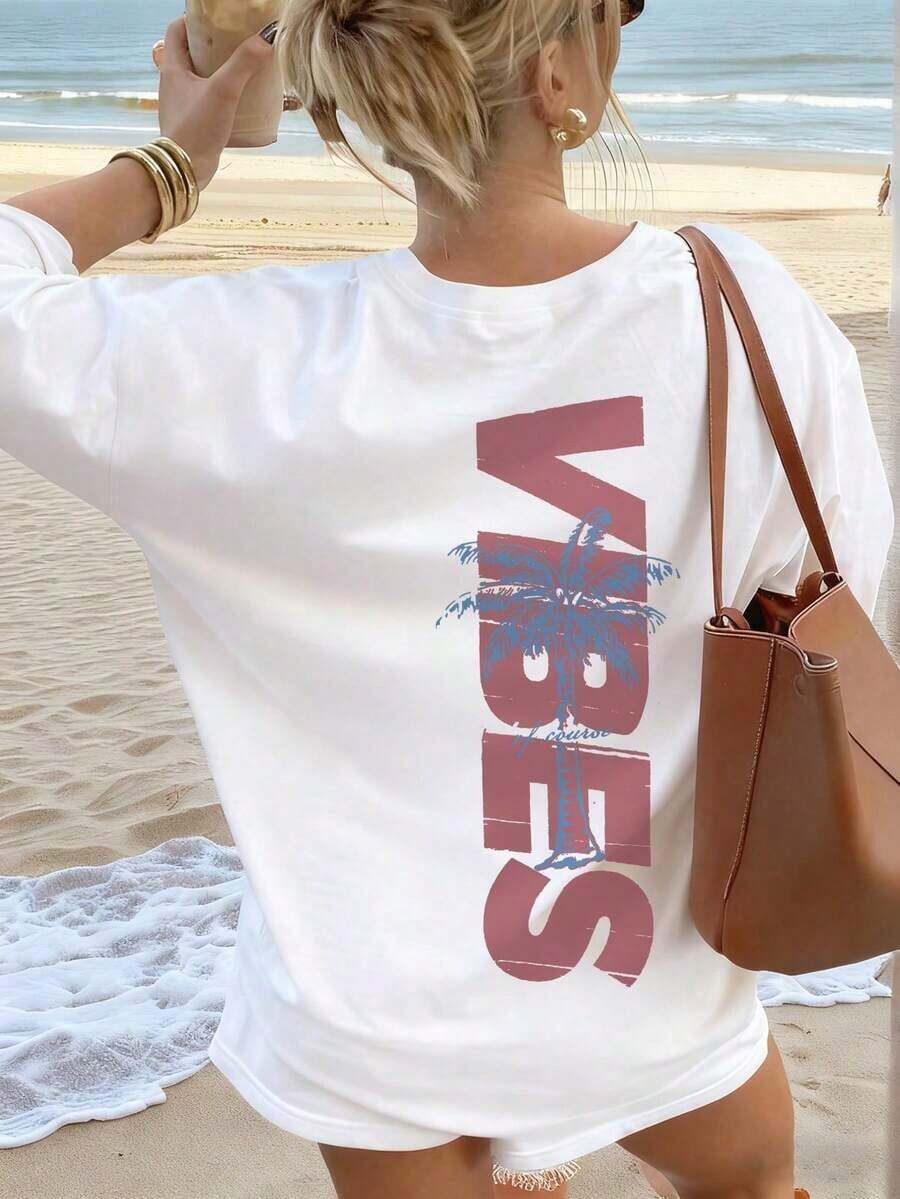 Women's Minimalist Coconut Tree Slogan Print Casual Round Neck Short Sleeve T-Shirt, Simple & Versatile, Suitable For Daily & Holiday Wear. Graphic Tee, Women, White, Black, Pink Summer Vacationsummer Outfits For Women 0SJU - 白色 3 - 查看 1