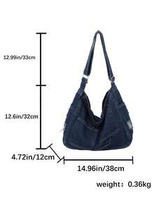 Sac messager en denim lavé classique de grande capacité, sac d'étudiant, sac en canevas japonais pour femme, sac à bandoulière minimaliste coréen - Bleu azur - Voir 6