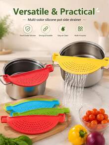1pc Durable Plastic Kitchen Clip-On Colander - Bright Blue, Easy Drain Vegetable Basket With Fine Mesh, Suitable For Home Cooking And Baking, Pot Edge Vegetable Draining, Home Drainage Isolation, Available In Red, Yellow, Blue - Multicolor - View 11