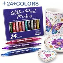 YIMI 12/24pcs Dual-Tip Metallic Markers/Flysea 12/24pcs 0.7mm/3.0mm - Suitable For Painting And Doodling, Perfect Birthday Decoration Art Supplies, Shiny Metallic Markers Applicable To Most Surfaces, With Exquisite Ink Effect - Sets - View 6
