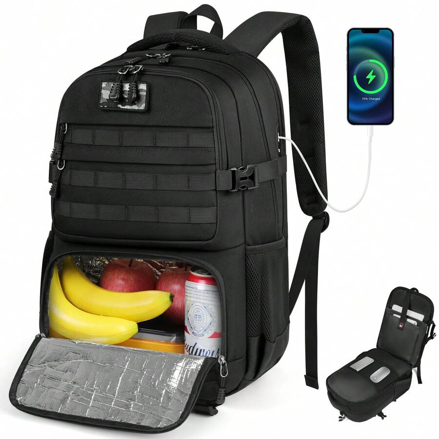 NEWHEY 17.3 Inch Men's Waterproof Durable Work Backpack With USB Charging Port, Insulated Lunch Bag, Suitable For Travel, School, Business, With MOLLE Design