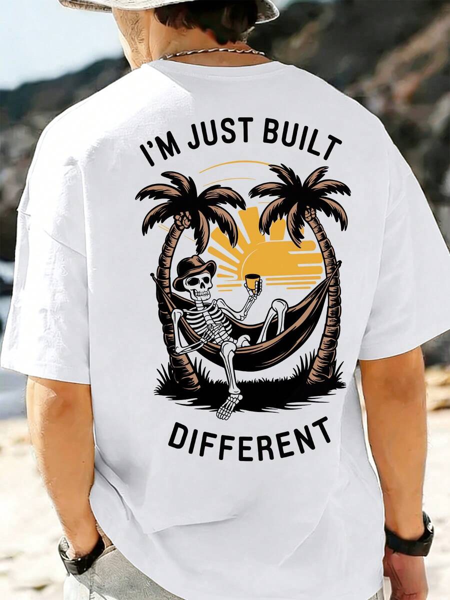 New Men's T-Shirt Made Of Pure Cotton With A Crew Neck And Palm Tree Hammock Holiday Print, Suitable For Holidays, Leisure, Comfortable, Soft, Breathable, A Summer Essential. - White - View 1
