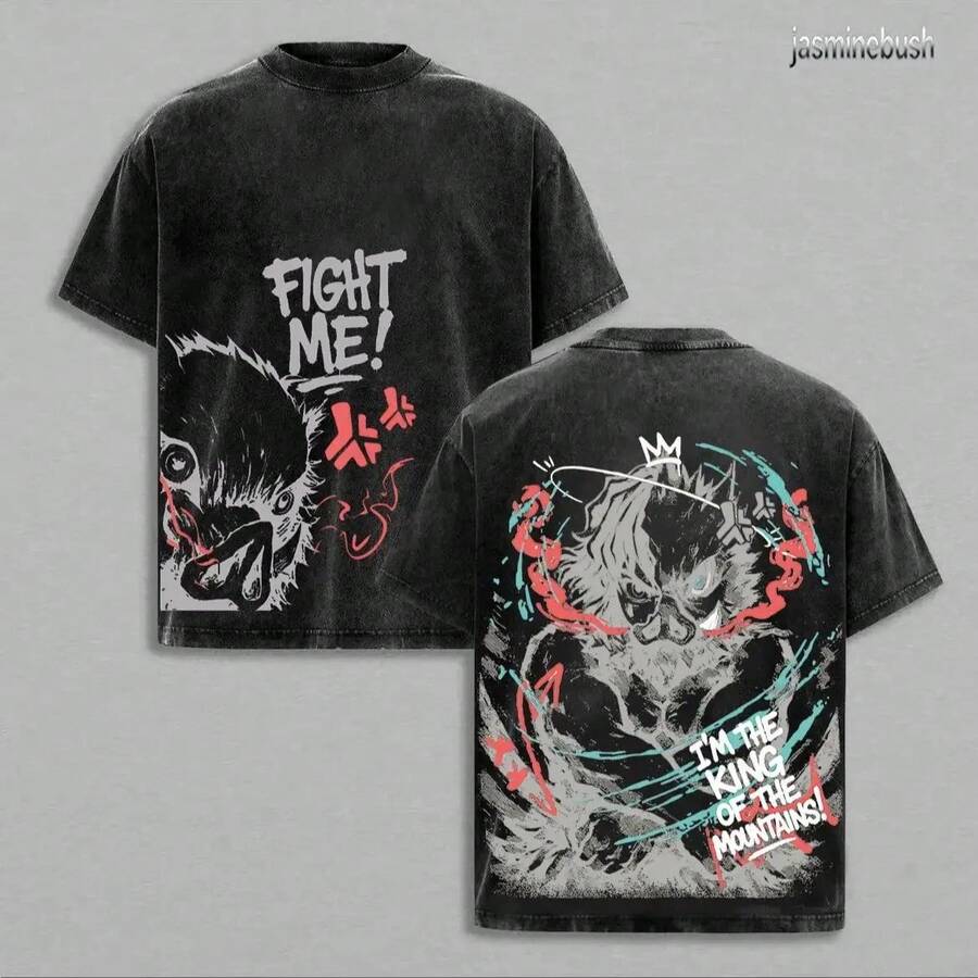 Hashibira Men's Graphic Tees I Am The King Of The Mountain, Acid Washed Cotton Castle Design T-Shirt, Soft Casual Sleeve Style Clothing, Gift For Fans. - 黑色 - 查看 1