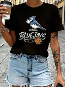 Casual T-shirt med Toronto Jays-logga i 100% bomull för dam och herr - Retro Jays-tryck, kortärmad tee, rundhalsad casual streetwear, ikoniska baseball-loggkläder för fans, farsdagspresent och allround-tröja för alla årstider, basic rundhalsad bomulls-T-shirt för dam, sommaroutfit för kvinnor. - Svart - Visa 8