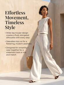 Women's Modest Boho Two-Piece Outfit Sleeveless Round Neck Cropped Blouse  Long Wide Leg Pants With Contrast Piping In Woven Fabric For Spring Outings - White - View 8
